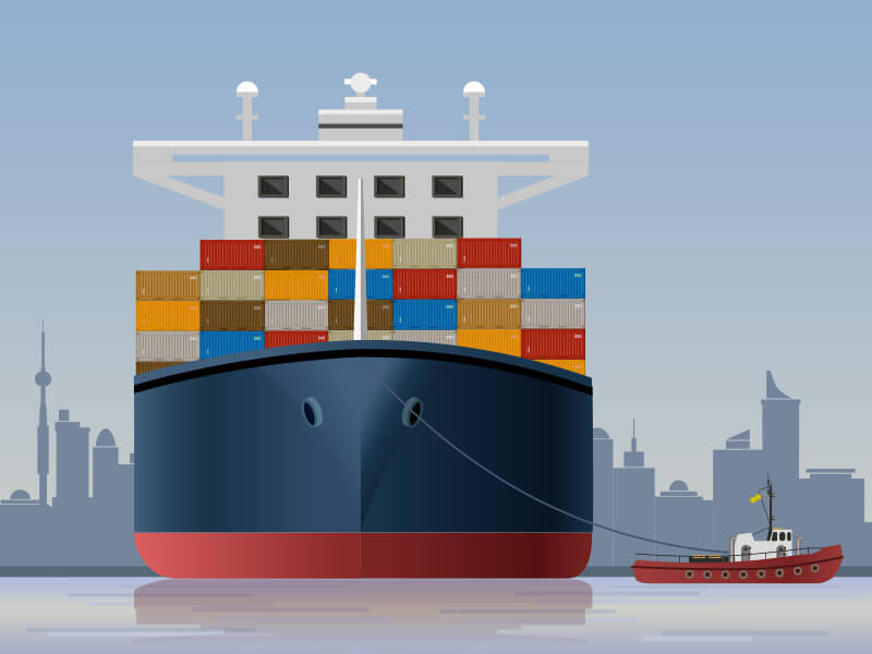 An illustration depicting a container vessel with a cityscape in the background. 