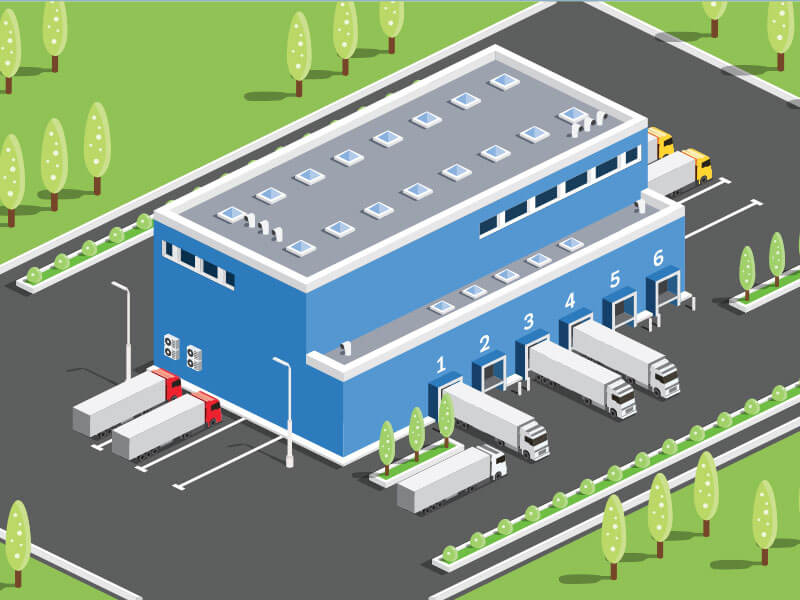 An illustration depicting a warehouse with semi trucks visible at the docks.