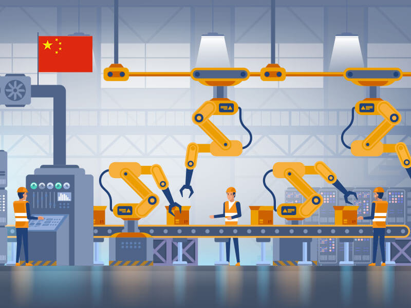 An illustration depicting the interior of a foreign manufacturing facility.