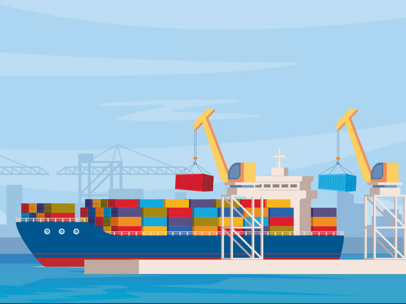 An illustration depicting a shipping terminal with a cargo vessel, containers, and cranes visible. 