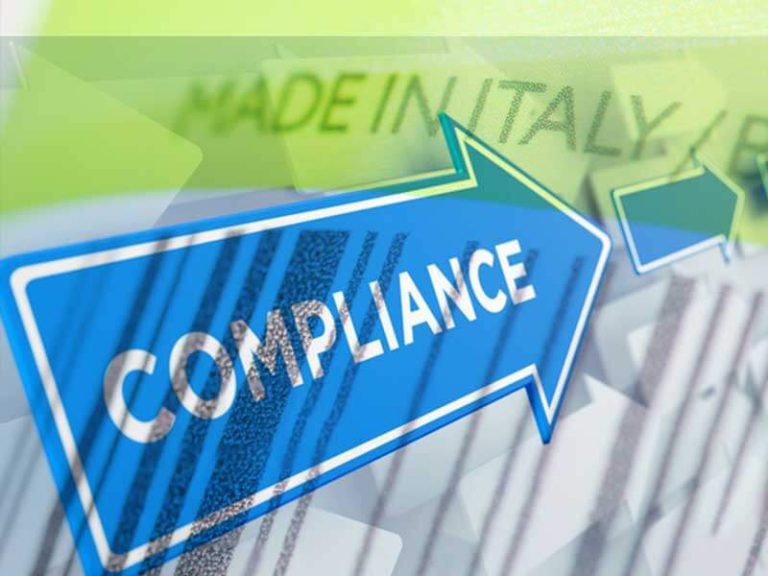 Image depicts the word “compliance” on arrows and example of a country of origin marking.