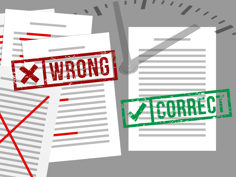 A digital illustration depicting a stack of paperwork on the left stamped "wrong" and a document on the right stamped "correct" with an outline of a clock over the image, reinforcing the limited timeline to submit a post summary correction.