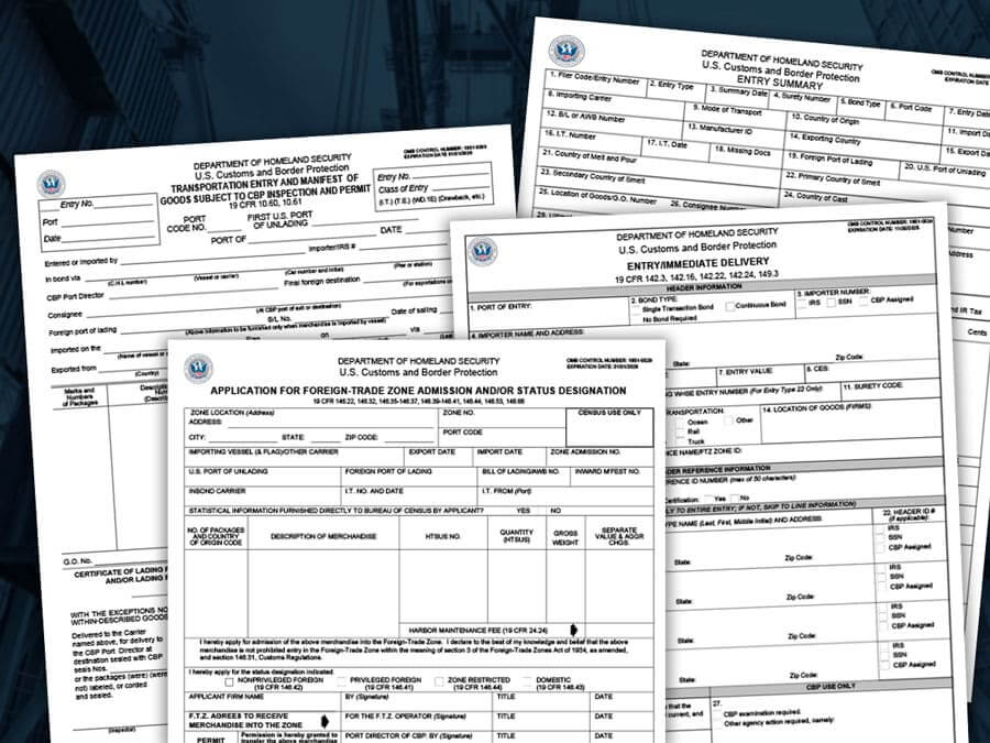 Image depicts various foreign trade zone forms for customs clearance.