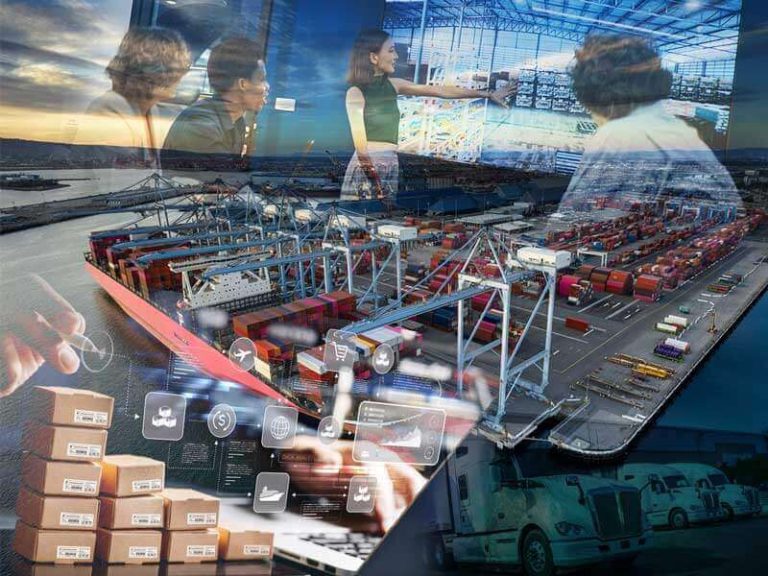 An overhead view of an ocean port, with cargo vessels, cargo containers, and cranes visible. A scene from a customs broker's office is superimposed over the picture of the port, reinforcing the article's topic: how to start importing