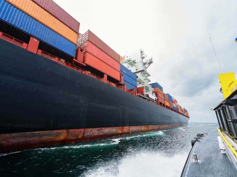 A photograph of a cargo vessel laden with shipping containers on open water, conveying supporting imagery related to importing.