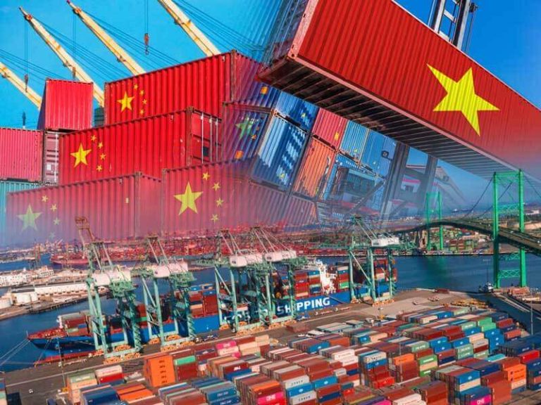 An image depicting hundreds of 40-foot cargo containers, some of which are emblazoned with the flag of the People's Republic of China.