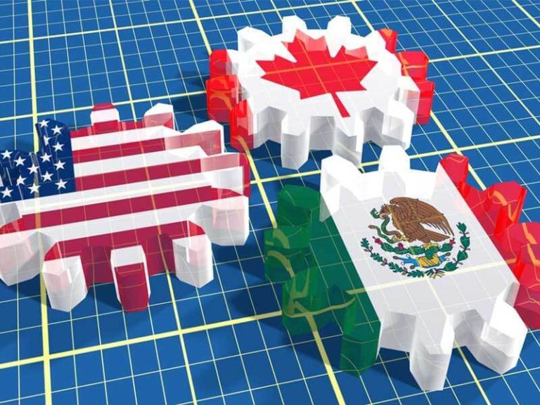 An image depicting the US, Canadian, and Mexican flags on a styliized set of three gears.